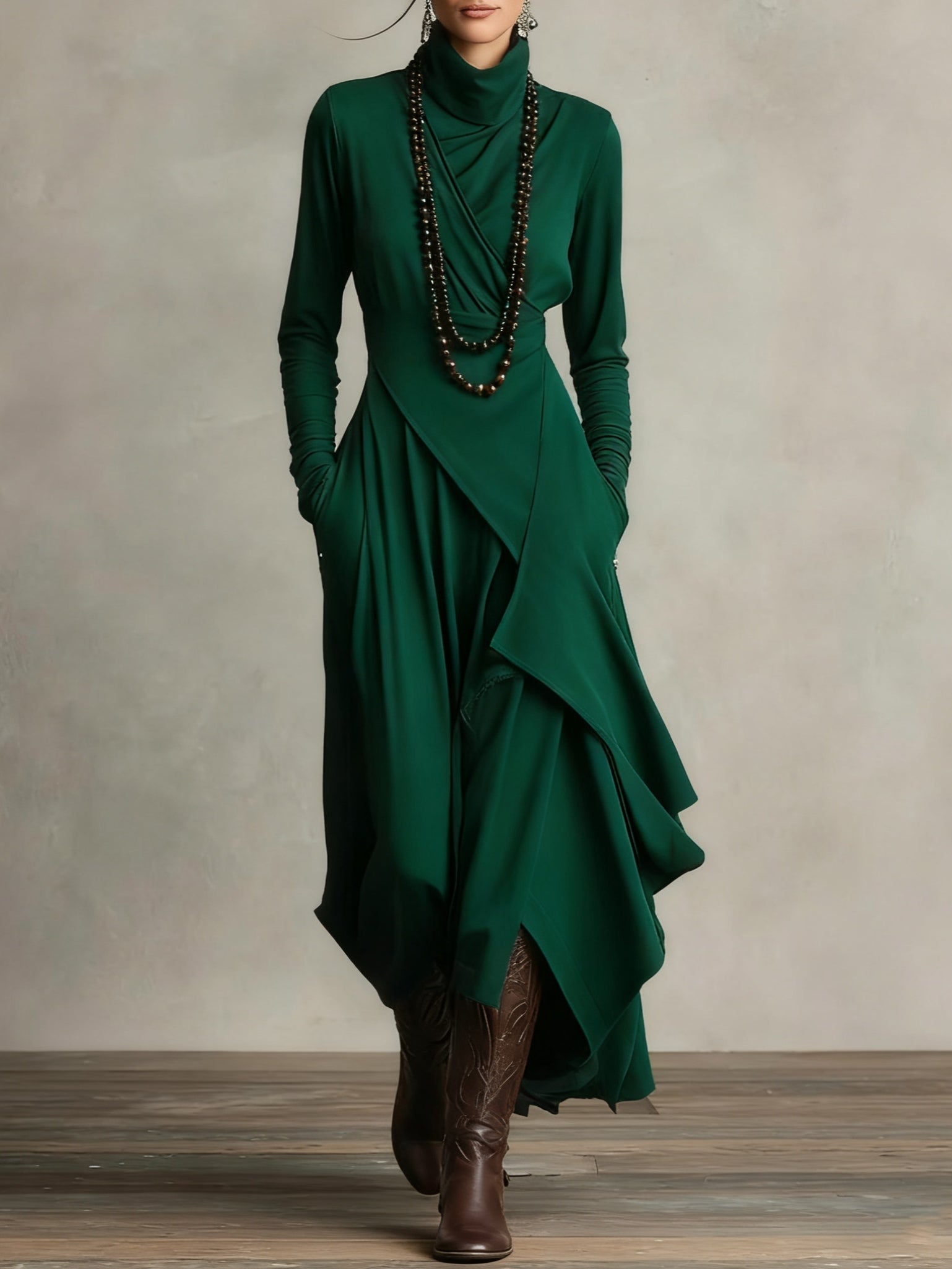 Purple High-neck Asymmetrical Pleated Maxi Dress(Necklace not included)