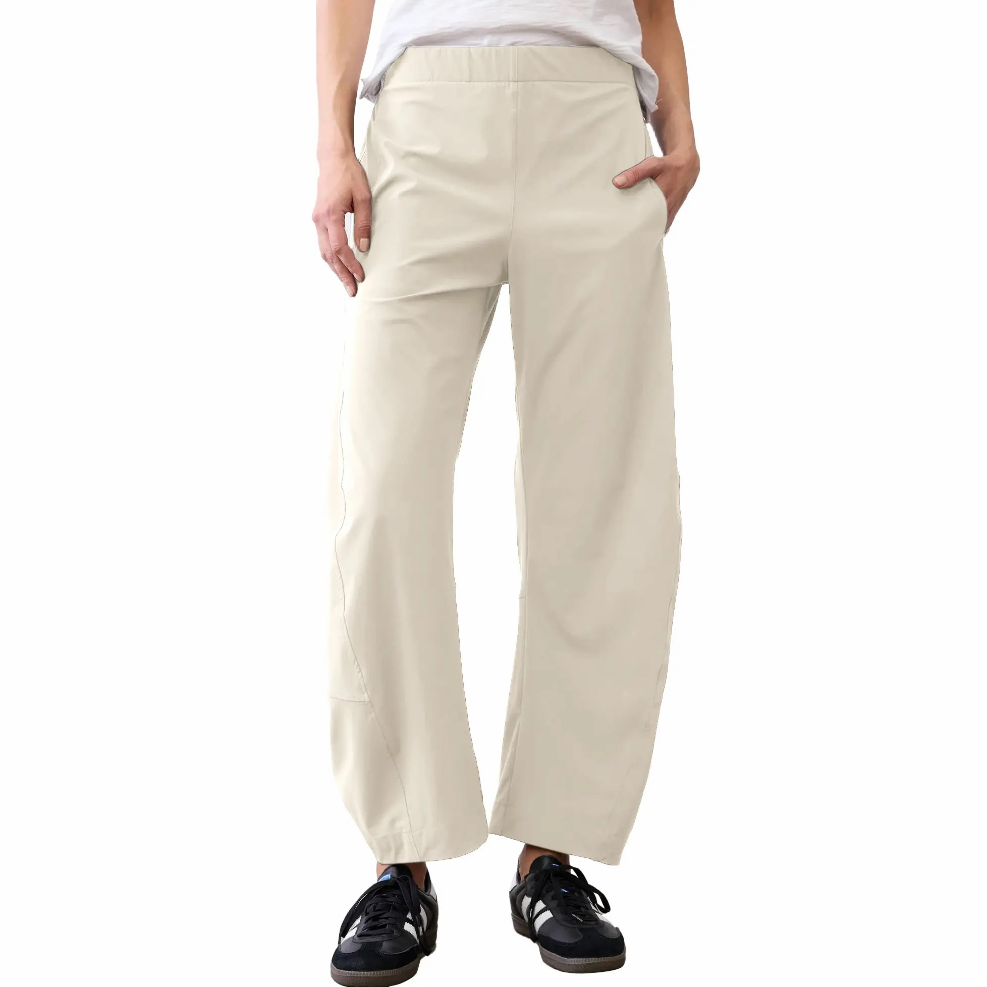 Women's Barrel Travel Pants – Elastic Waistband, Tapered Leg, Baggy Mid Rise Trousers with Pockets