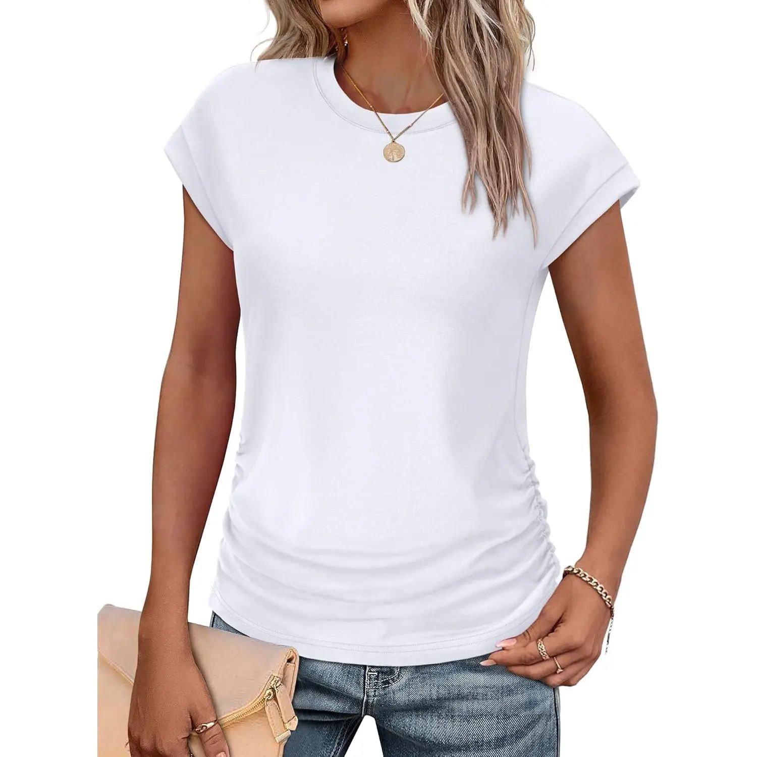 Womens Summer Tops Trendy 2026 Ruched Cap Short Sleeve Tshirts Shirts Crew Neck T Shirts Fashion