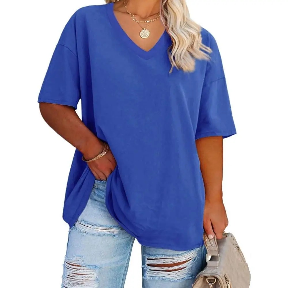 Women's V-Neck Short Sleeve Tunic Top Casual Loose Fit Soft Cotton Summer Tee