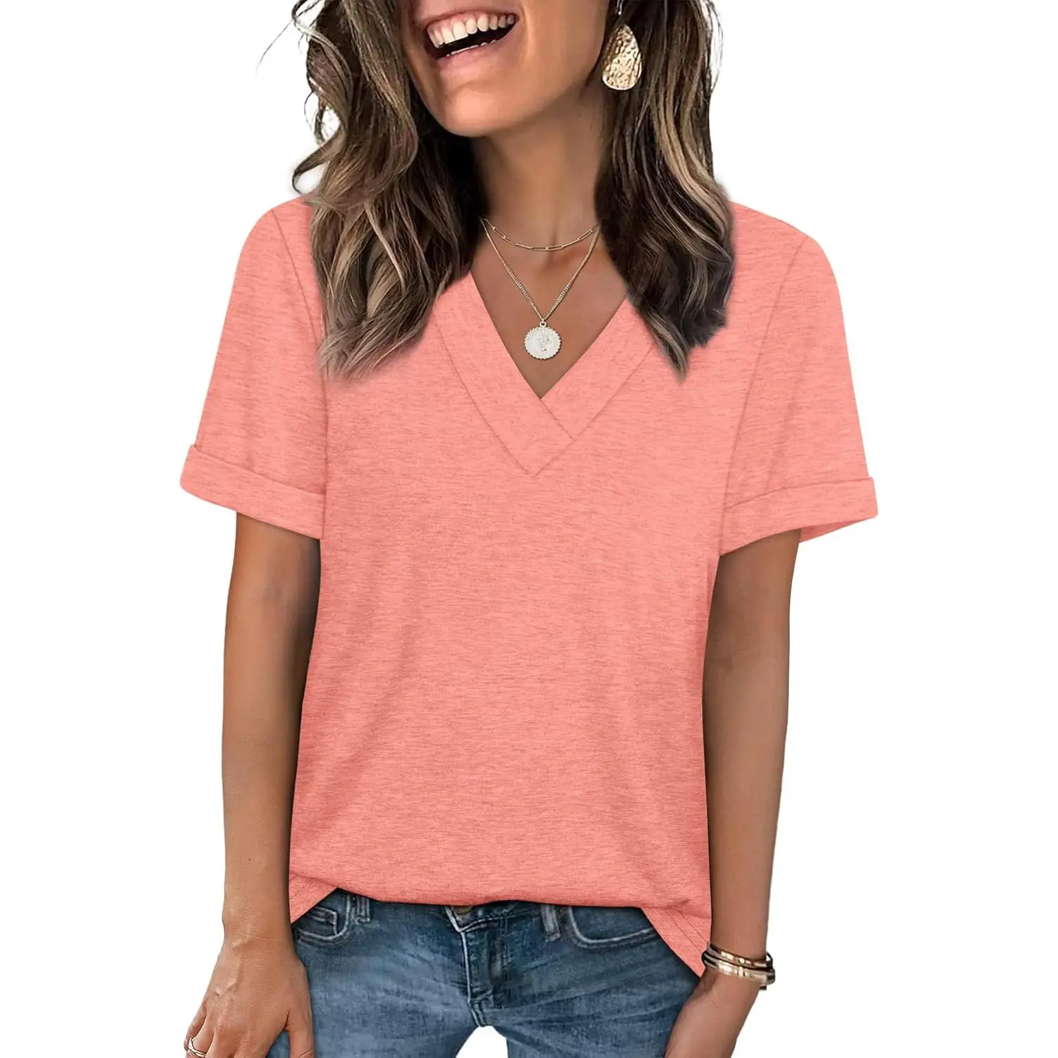 Womens Summer Tops Short Sleeve Basic Casual V Neck T Shirts Trendy Fashion