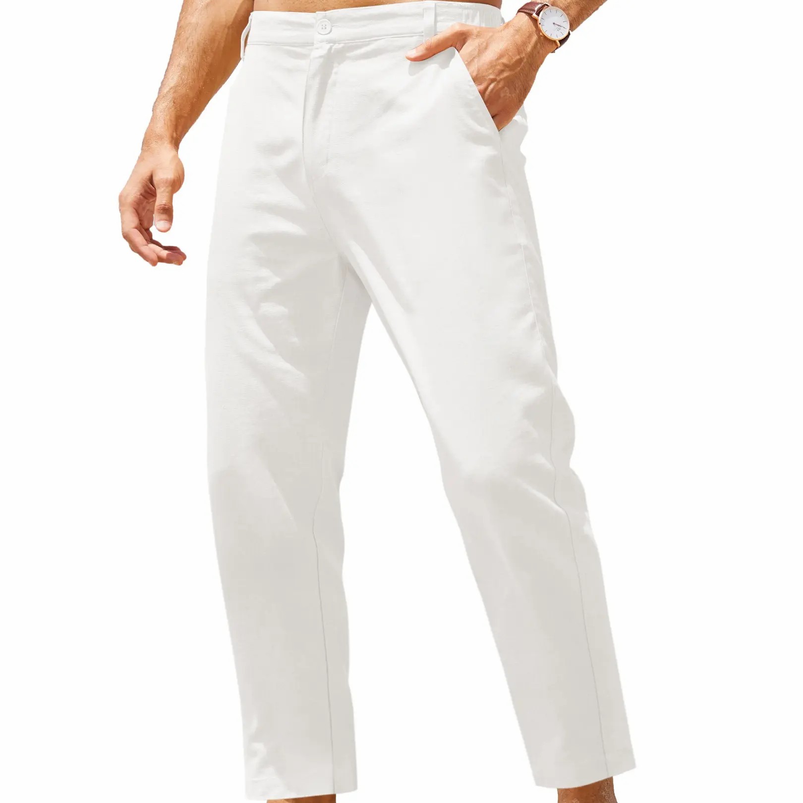 Men’s Lightweight Cotton Linen Pants – Elastic Waist Casual Beach Trousers
