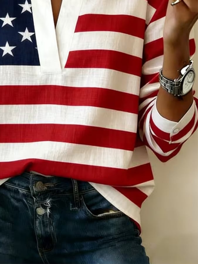 Women's Casual V-neck Patriot Print Top