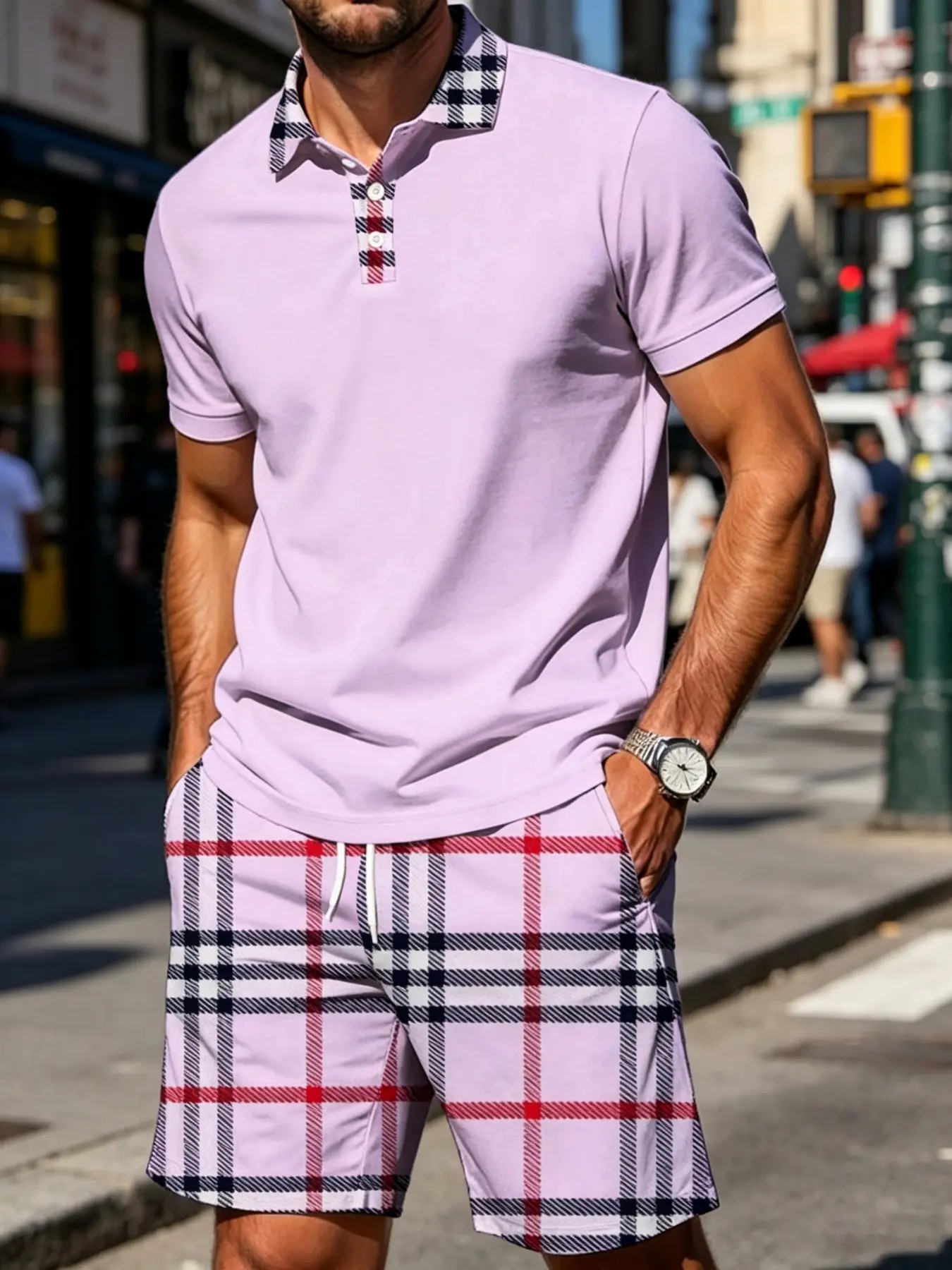 Men's Plaid Polo Shirt & Shorts Set – Casual Summer 2-Piece Outfit with Pockets
