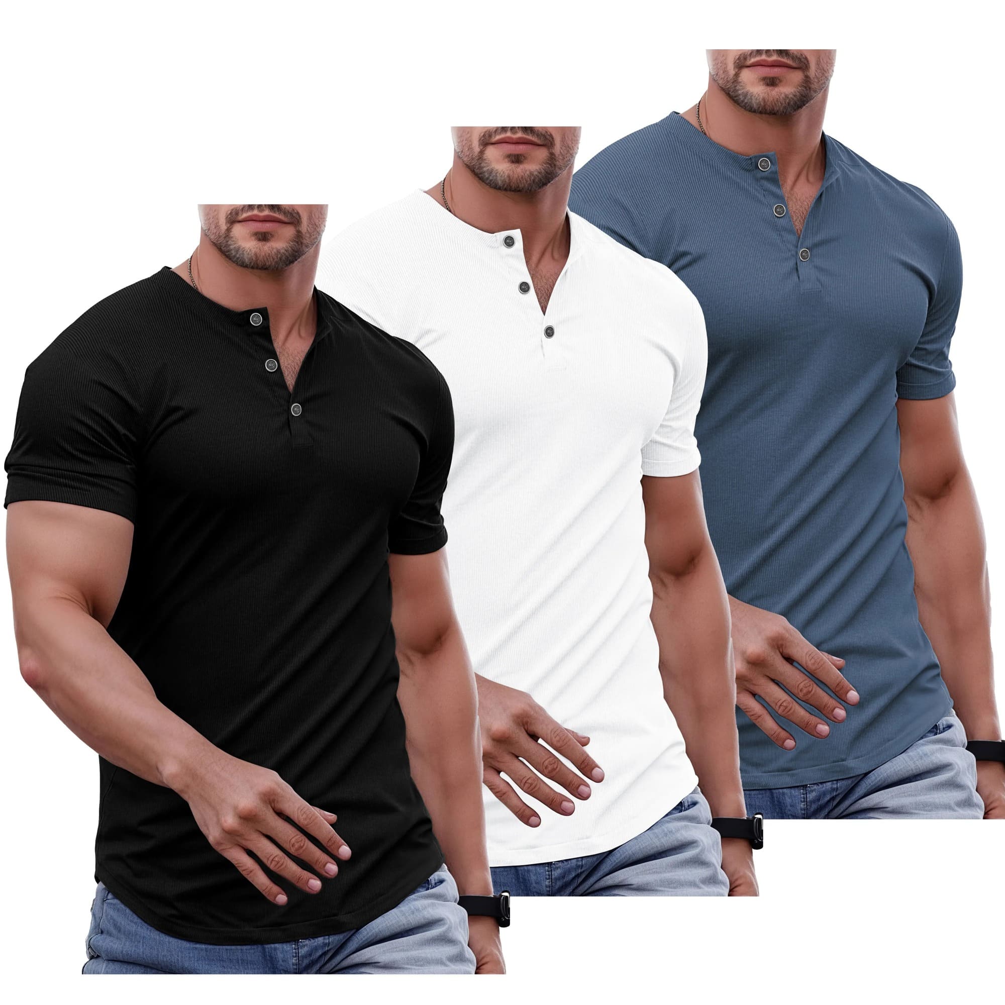 Men's Plain Muscle Slim Fitted Henley Shirts Crewneck Longline T-Shirt Gym Workout Athletic Shirt Tees