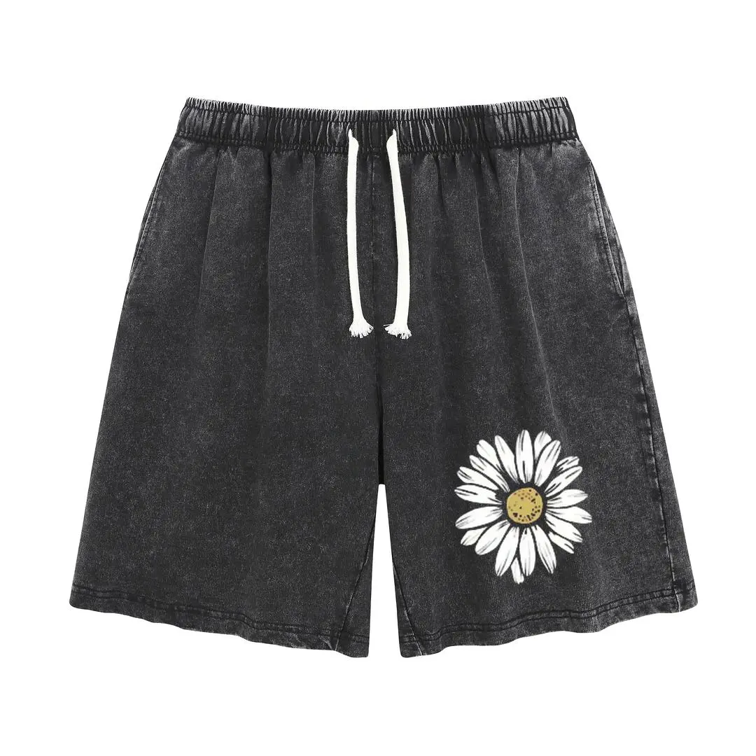 Summer Vintage Printed Acid Wash Sweat Shorts, Unisex Casual Streetwear Bottoms with Drawstring and Convenient Pockets baggy comfy
