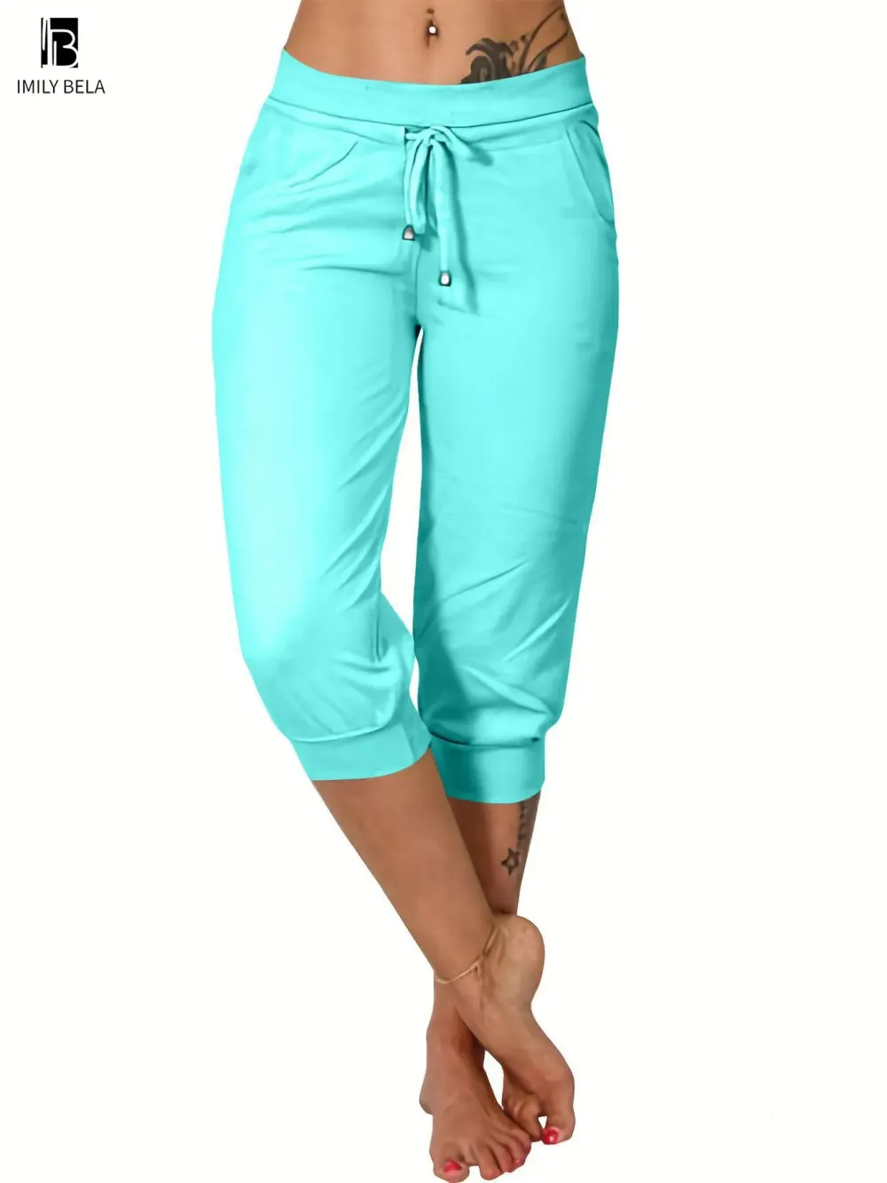 Women's Solid-Color Cropped Pants with Drawstring Waist — Casual Everyday Trousers with Pockets