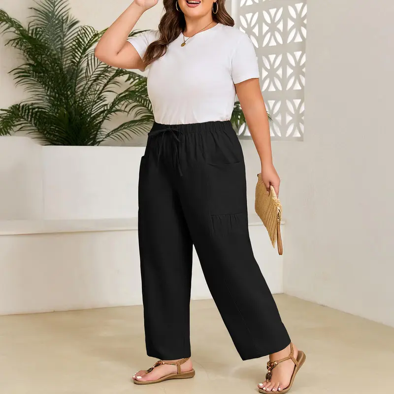 Women's Plus-Size Wide-Leg Pants — Pure Cotton Loungewear with Pockets