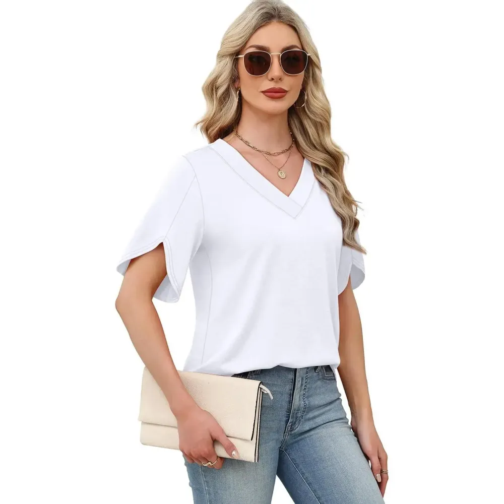 Womens Short Sleeve V Neck Dolman Tops with Side Shirring Loose Fit Shirts