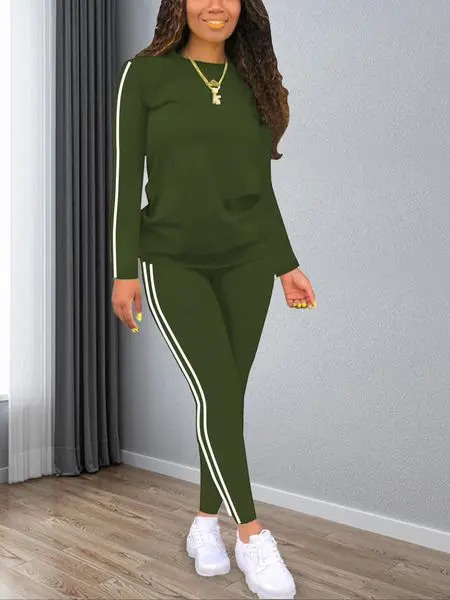 Women's Striped Print Long Sleeve Top & Pants Two-piece Set