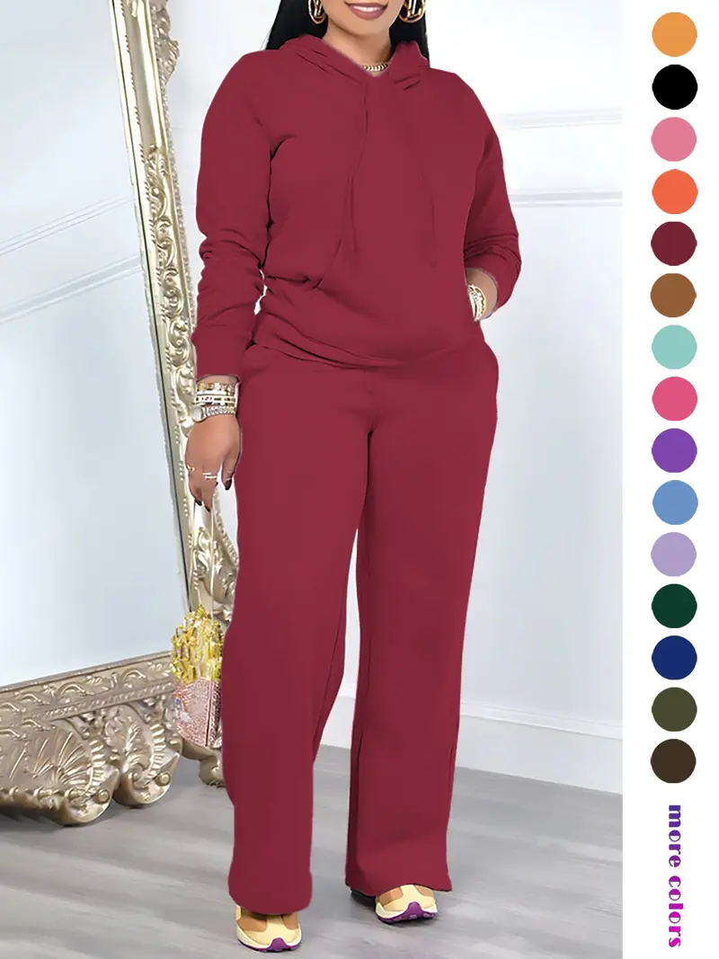 🔥Two-Piece Set Women's Solid Drawstring Hoodie & High Waist Pants Set, Casual Long Sleeve Pocket Hooded Sweatshirt & Straight Leg Trousers for Spring & Fall, Ladies' Clothes for Daily Wear