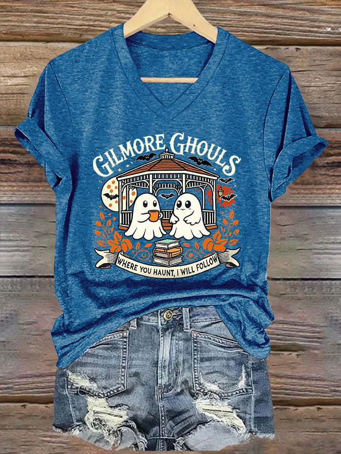 🔥HOT SALE🔥V-Neck Retro Gilmore Ghouls Where You Haunt, I Will Follow Print T-Shirt