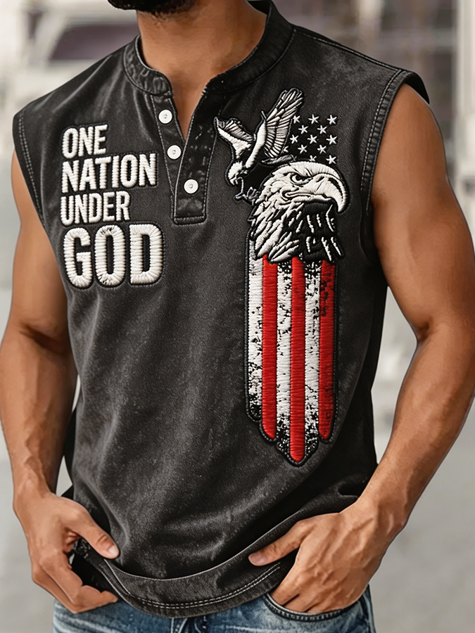 Men's One Nation Under God Bald Eagle USA Flag Embroidered Sleeveless Top