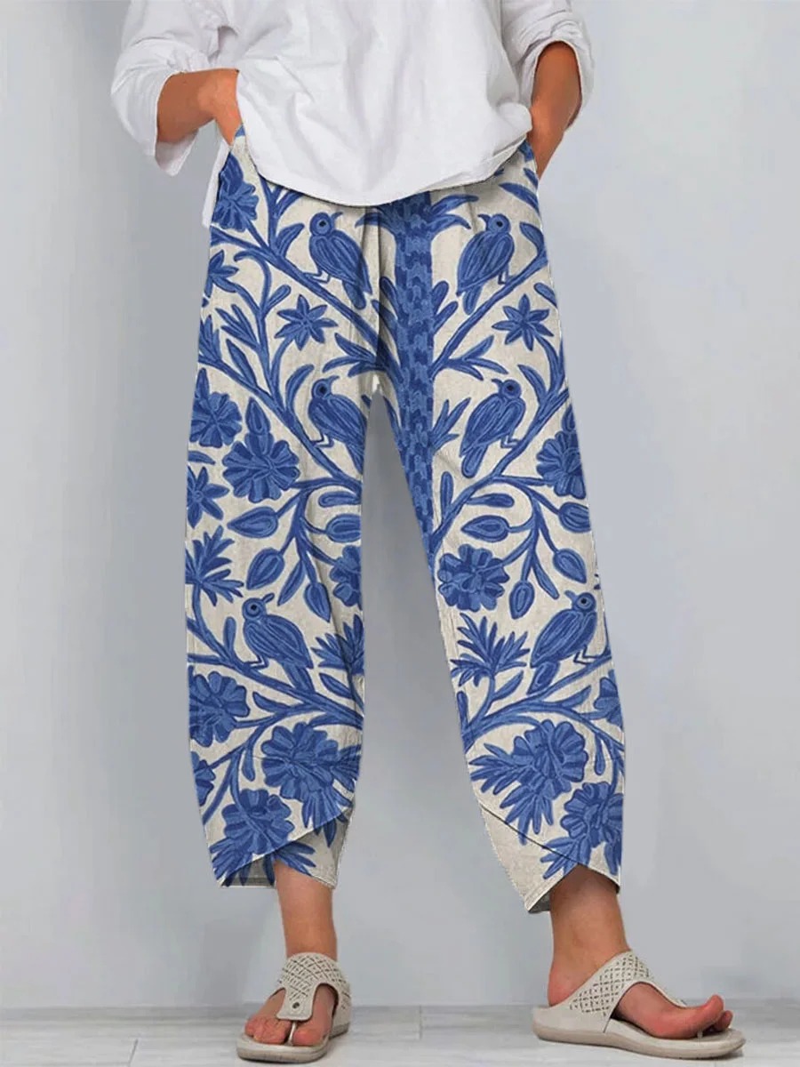 Women's Vintage Floral Art Print Casual Cotton And Linen 3/4 Sleeve Shirt