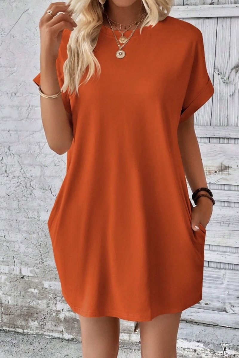 Casual Minimalist Round Neck Roll Up Sleeve Dress