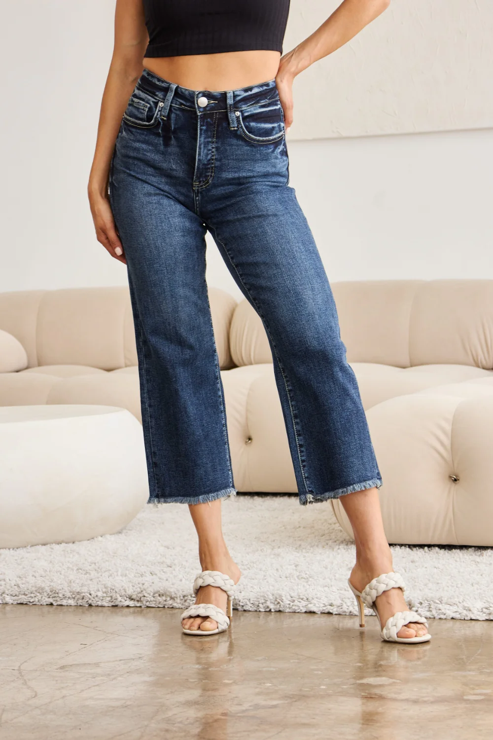 Full Size Tummy Control High Waist Raw Hem Distressed Jeans