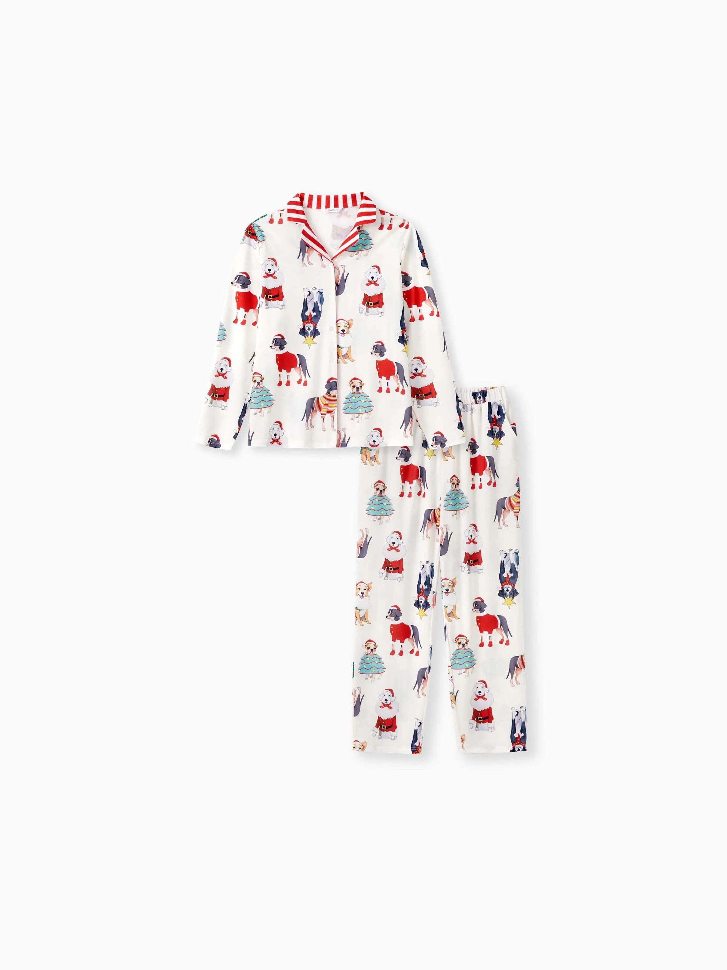 Christmas Pajamas Family Matching Cute Xmas Dog Collared Pajamas Sets with Christmas Socks LightApricot