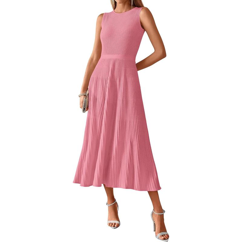 Women's Midi Bodycon Tank Dress Summer Crewneck Rib Knit Sleeveless Pleated Swing A Line Business Casual Dresses