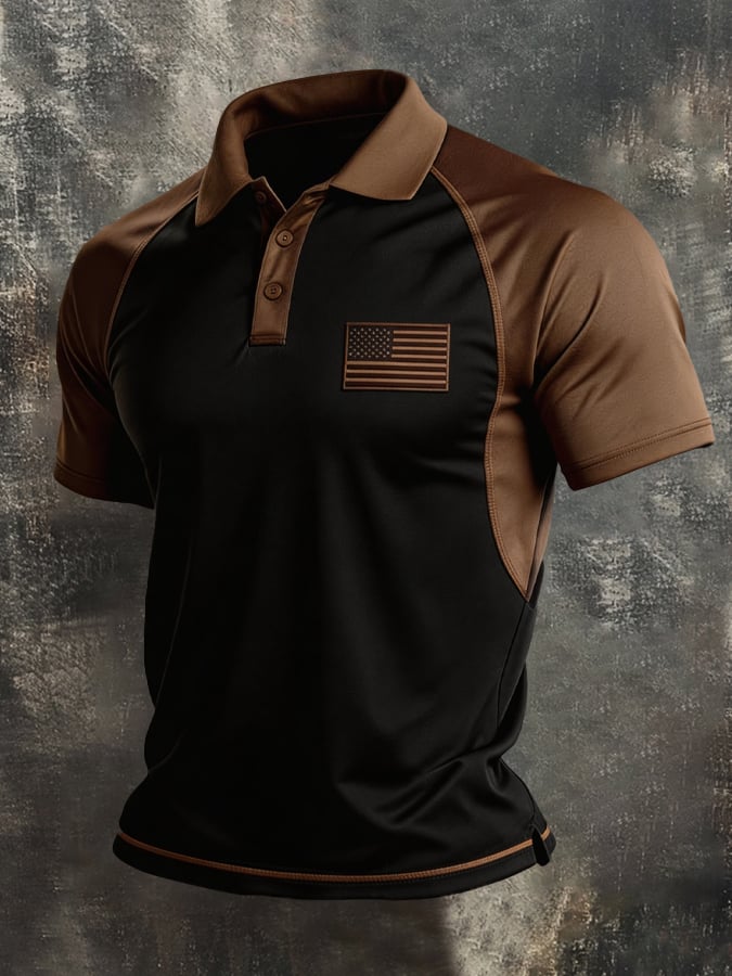 Men's Retro Patriot Color Block Polo Collar Short Sleeve