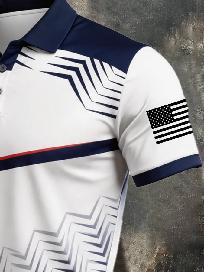 Men's Retro Patriotic Color-Block Short-Sleeve Polo Shirt