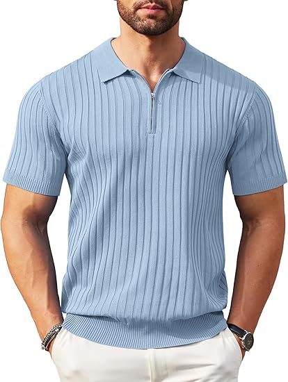 Men's Knit Polo Shirts Short Sleeve Ribbed Knitted Shirt Summer Lightweight Casual Golf Shirts