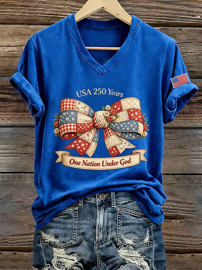 Women's USA 250 Years One Nation Under God Print V Neck T-shirt