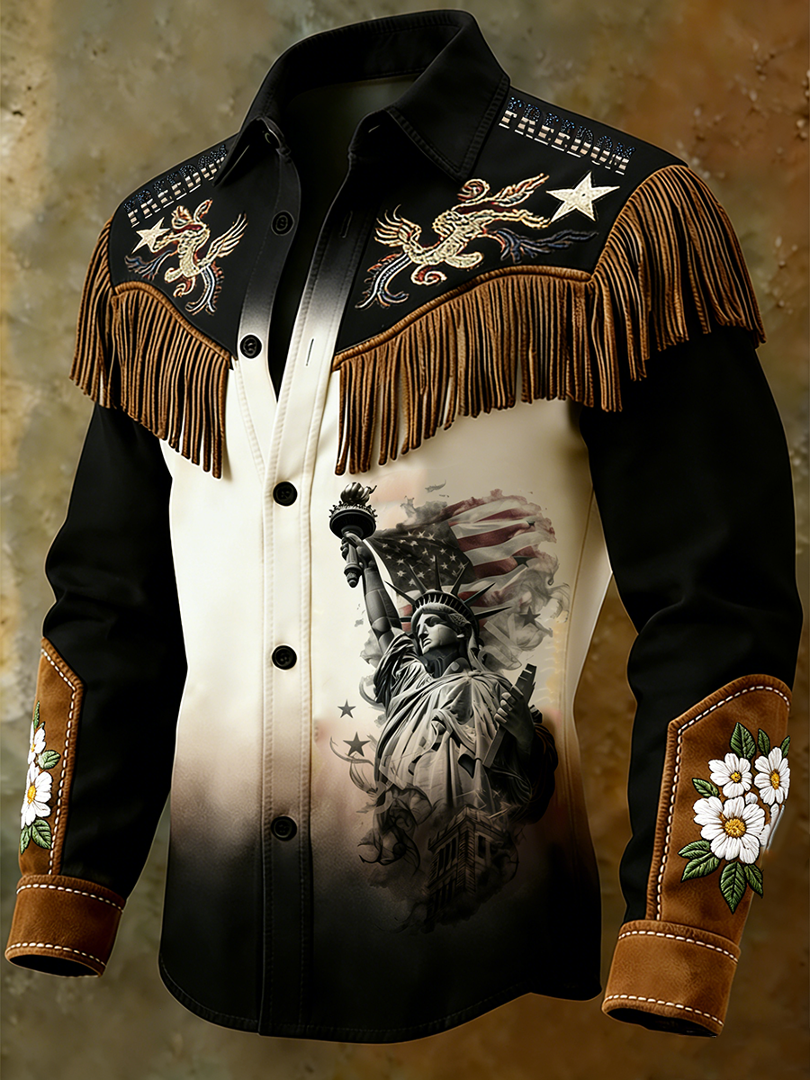 Men'S Retro Patriotic Casual Statue Of Liberty Printed Western Fringe Shirt