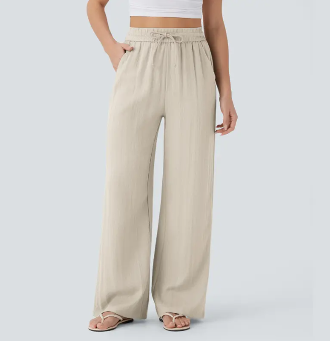 High Waisted Drawstring Pocket Wide Leg Baggy Casual Linen-Feel Pants