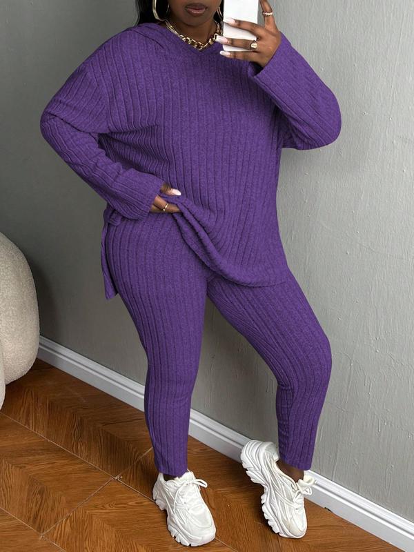 [Plus Size]Women's Two-Piece Set Solid Textured Ribbed Drop Shoulder Hoodie & Elastic Waist Pants, Casual Fashion Cozy Ribbed Outfits