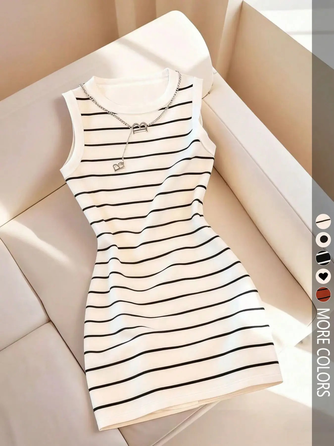 Sleeveless Striped Bodycon Dress – Round Neck, Fitted, Spring/Summer Style