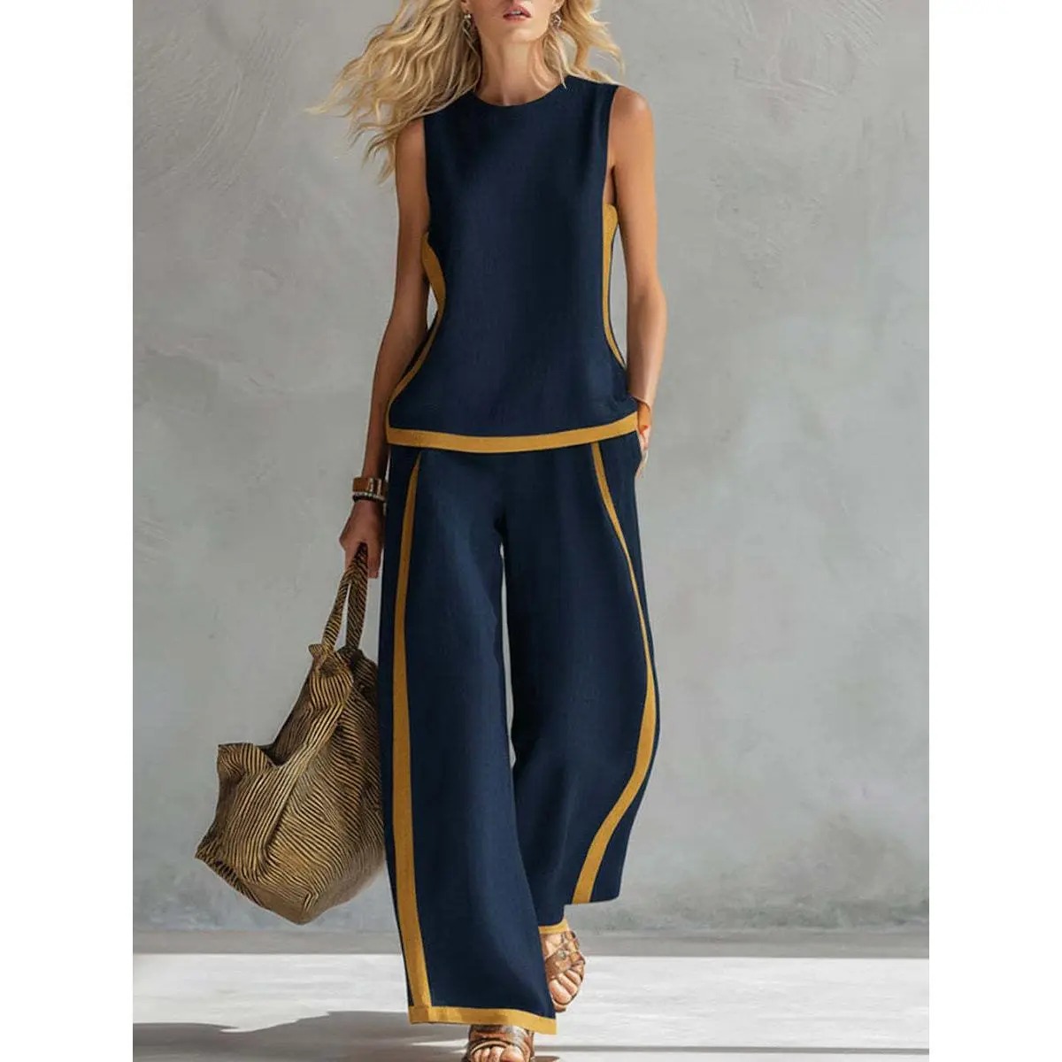 Women's Sleeveless Color Block Top & Wide Leg Pants Set