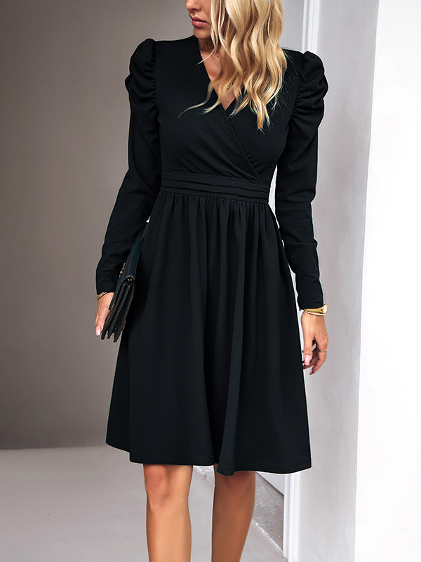 Pleated Solid Color Split-Joint Puff Sleeves Skinny V-Neck Midi Dresses