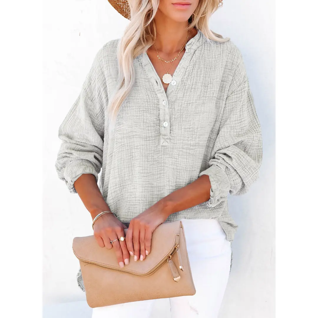 Dokotoo Women's Casual Button V Neck Long Sleeve Shirts Oversized Solid Blouses Tops 100% Cotton Boyfriend Style Loose Fit