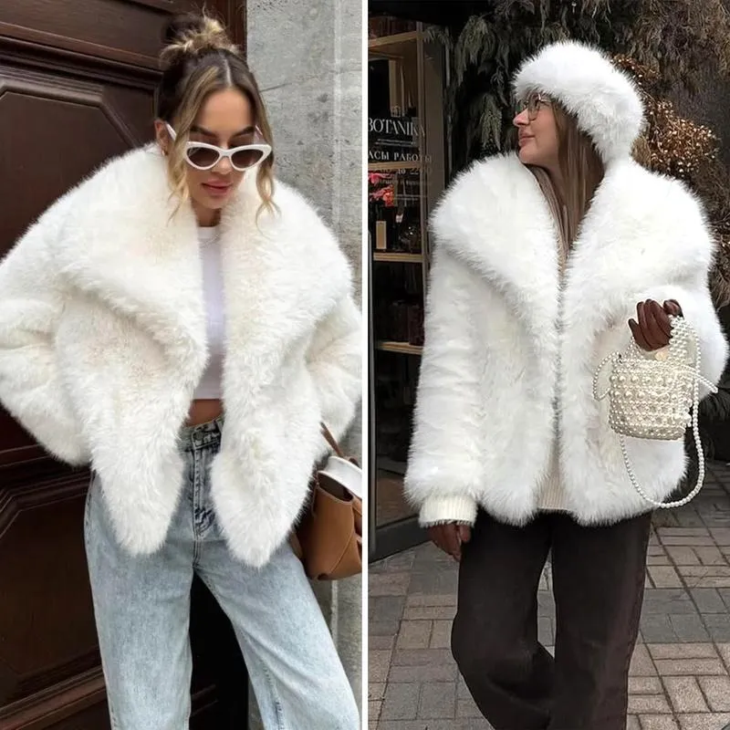 Women's Brown Faux Fur Coat Winter Fluffy Short Jacket