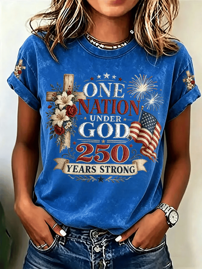 Women's One Nation Under God 250 Years Strong Print Casual T-shirt