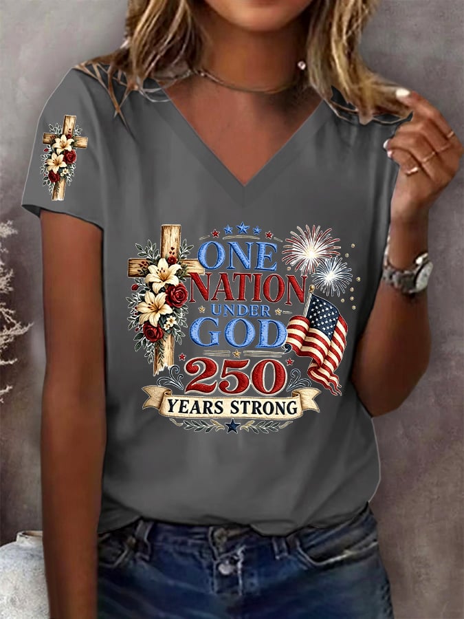 Women's One Nation Under God 250 Years Strong Print V Neck T-shirt