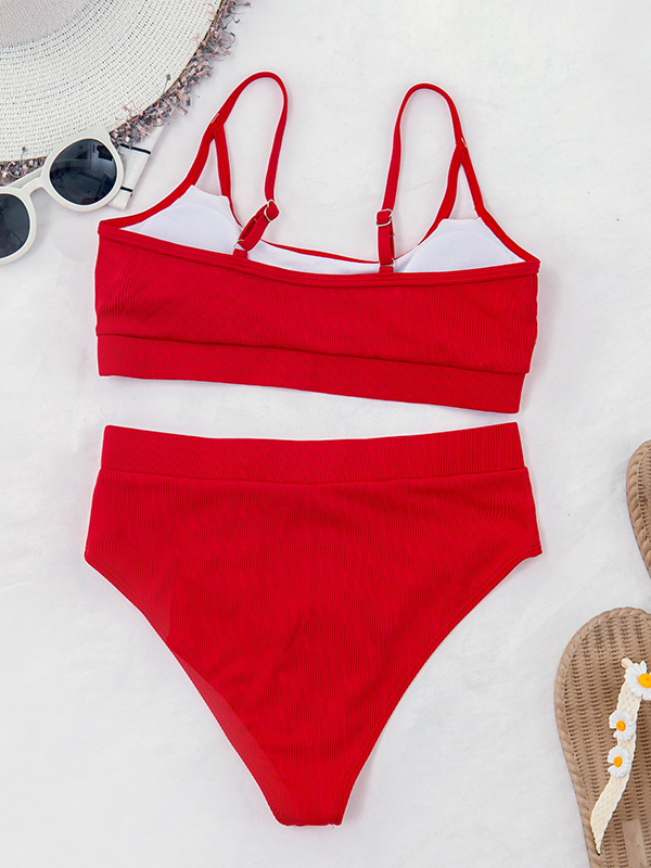Spaghetti-Neck Padded Bralette High-Waisted Solid Color Bikini Swimwear