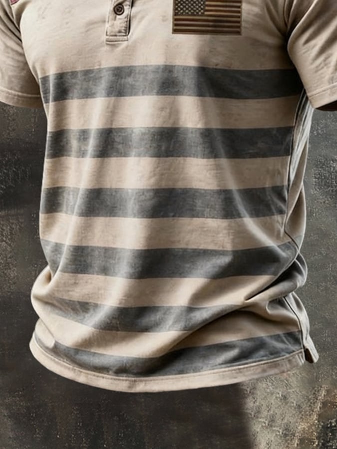 Men's Retro Patriotic Color-Block Short-Sleeve Henley T-Shirt