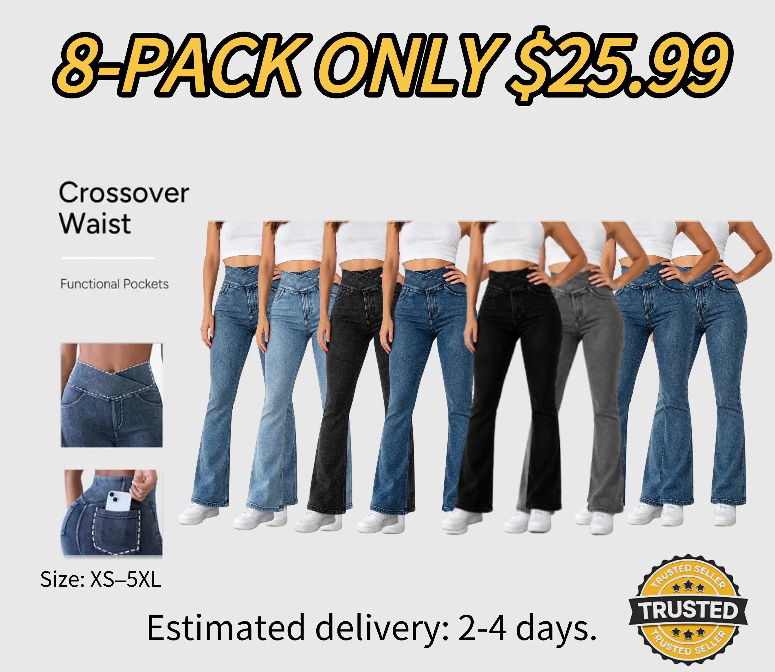 Women's High-Waisted Stretch Jeans with Crossover Design — Slim-Fit Flared Denim Leggings