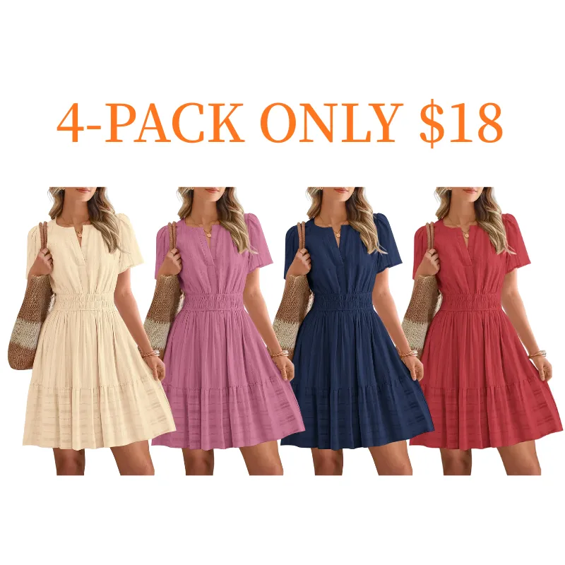 8-pack $24🔥Women's V-Neck Elastic Waist Mini Dress with Pockets💝