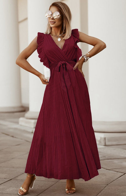 Beach Lotus Leaf Sleeve Chiffon Pleated Skirt Solid Color Dress