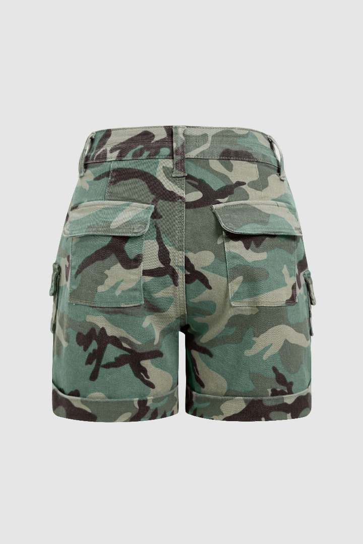Mother's Day Sale💕Camo Print Roll Hem Flap Pocket Mid Rise Shorts