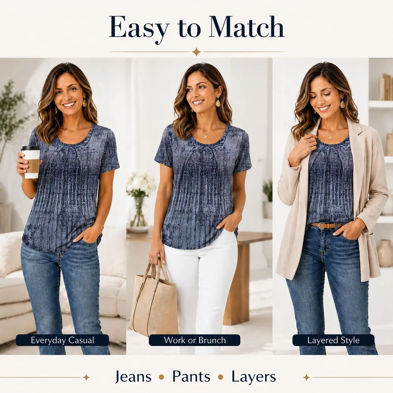 Women T Shirts Pleated Short Sleeve Tops Business Casual Dressy Blouses Crewneck Boho