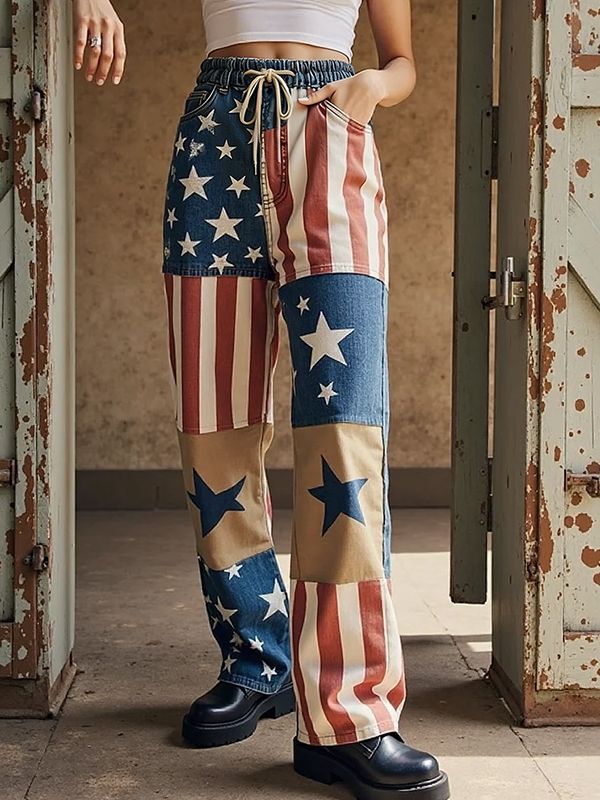 Women's Retro American Flag Stars And Stripes Art Print Loose Fit Sweatpants