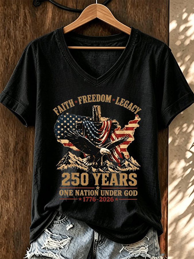 Women's 250Th Anniversary Commemorative Faith Printed V-Neck T-Shirt