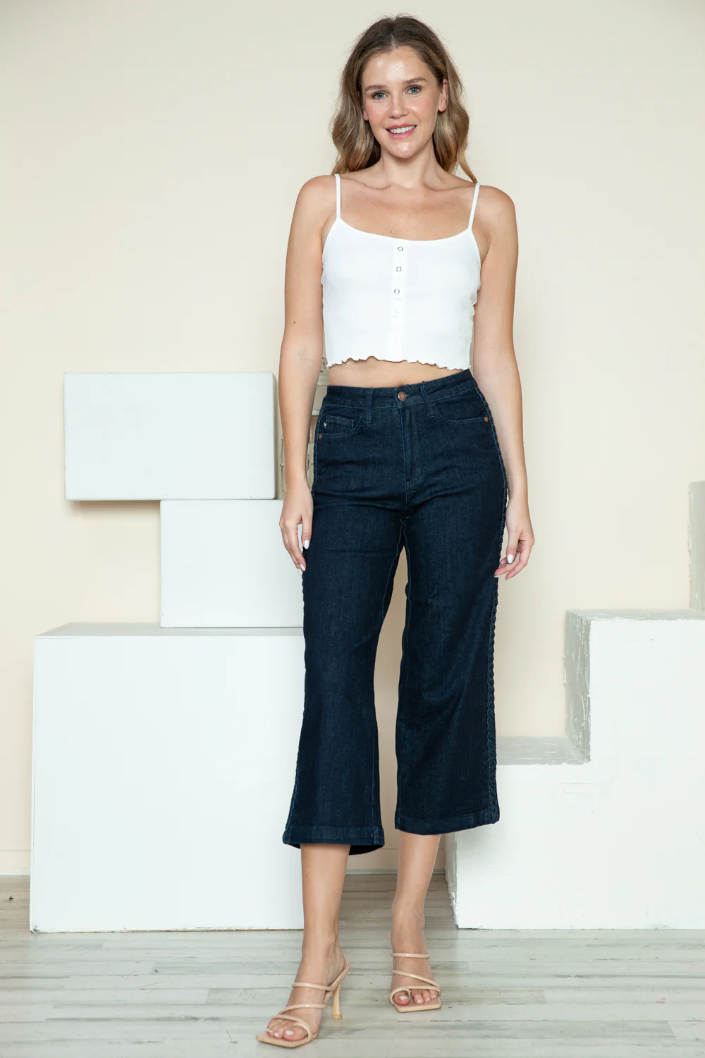 Blue Full Size Side Seam Braid Detail Crop Wide Leg Jeans