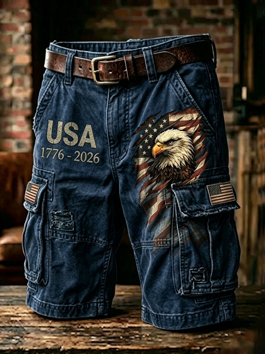 Men'S Independence Day American Flag Jet Planes Faith Print Casual Cargo Shorts