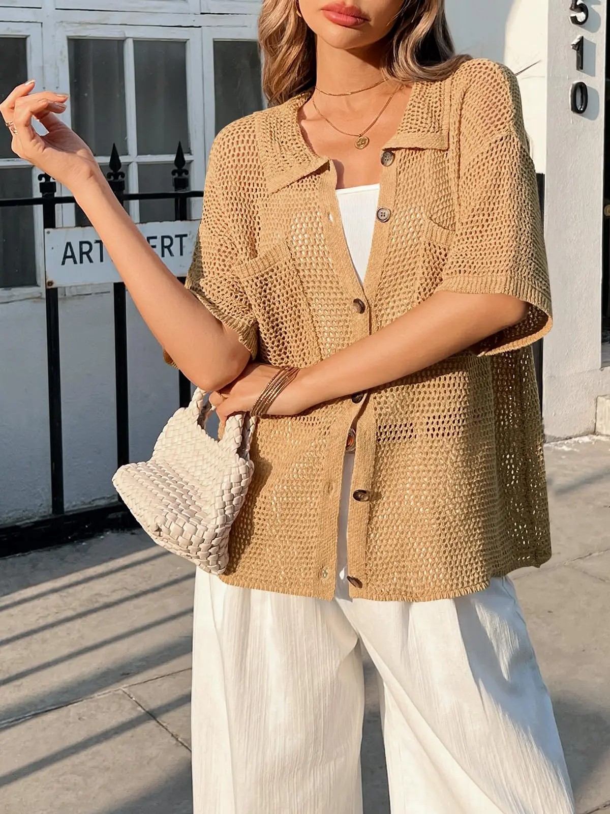 Women's Crochet Lightweight Cardigan – Short Sleeve Button Down Summer Cover Up