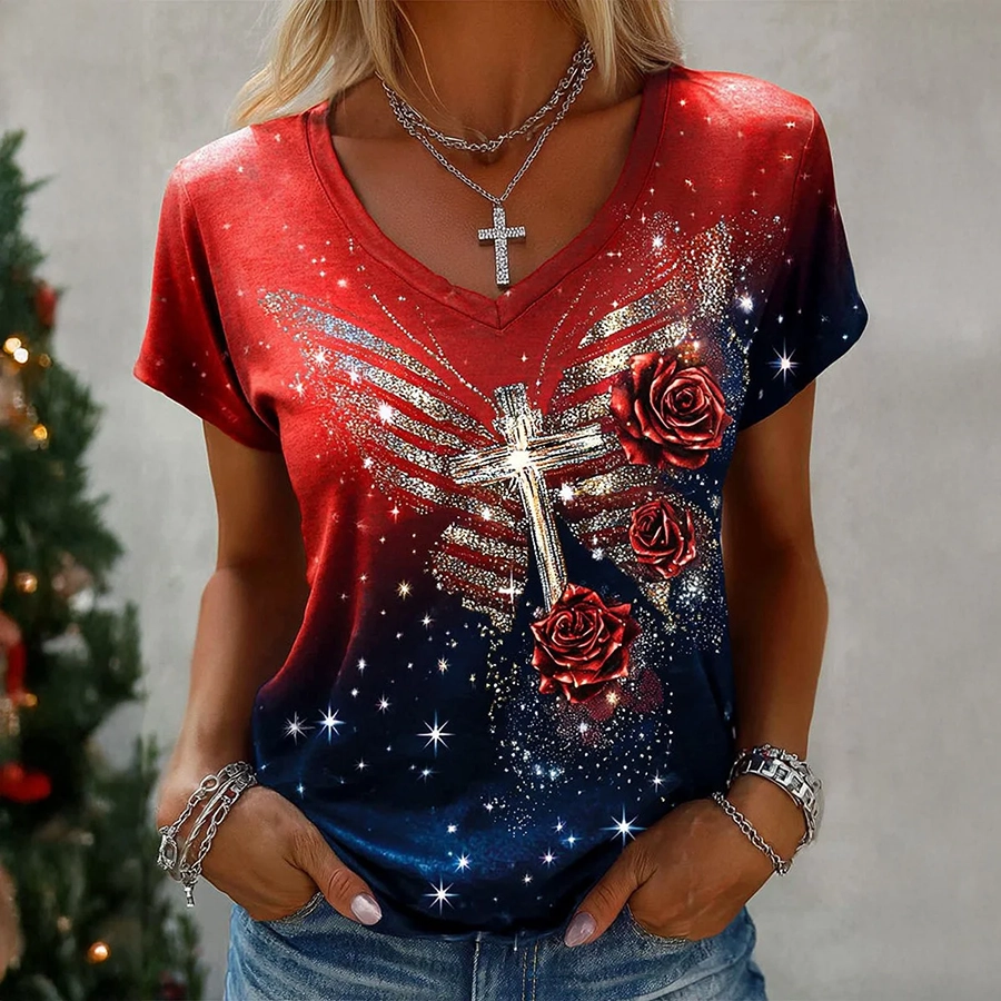 250Th Anniversary Of The Founding Of The United States Women'S Casual Brick Printed V-Neck T-Shirt