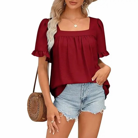 Women's Square Neck Peplum Blouse – Whimsical Ruffle Sleeve Cottagecore Top